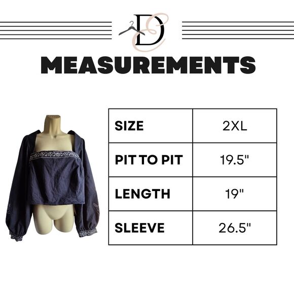 NWT Cider Plus 2X Navy Floral Embroidery Square Neck Curve Peasant Blouse Top - Picture 8 of 15